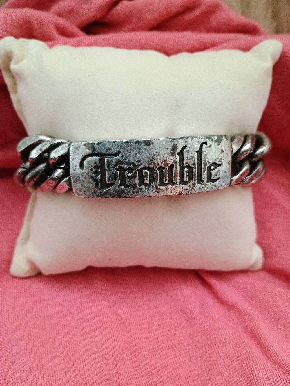 Vintage Lucky Brand Trouble ID Chain Bracelet, Chunky Grunge Cuban Link, Silver